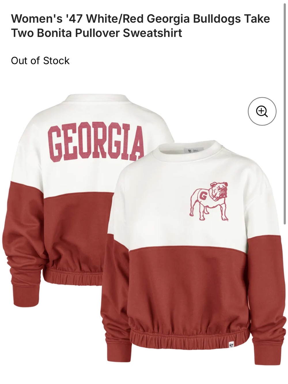'47 brand White/Red Georgia Bulldogs Take Two Bonita Pullover terry sweatshirt